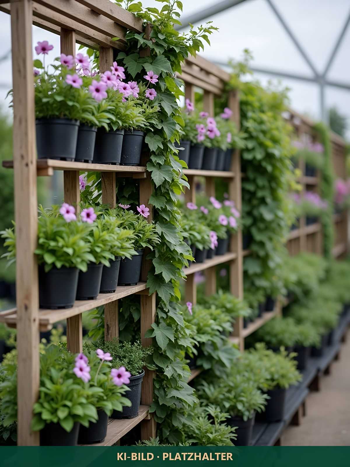 Übergangsbild mit eingeblendetem Hinweis „KI-Bild, Platzhalter“: Clematis an einem Rankgitter