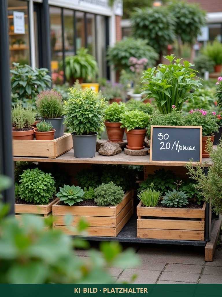 Übergangsbild mit eingeblendetem Hinweis „KI-Bild, Platzhalter“: Tisch mit heruntergesetzten Pflanzen